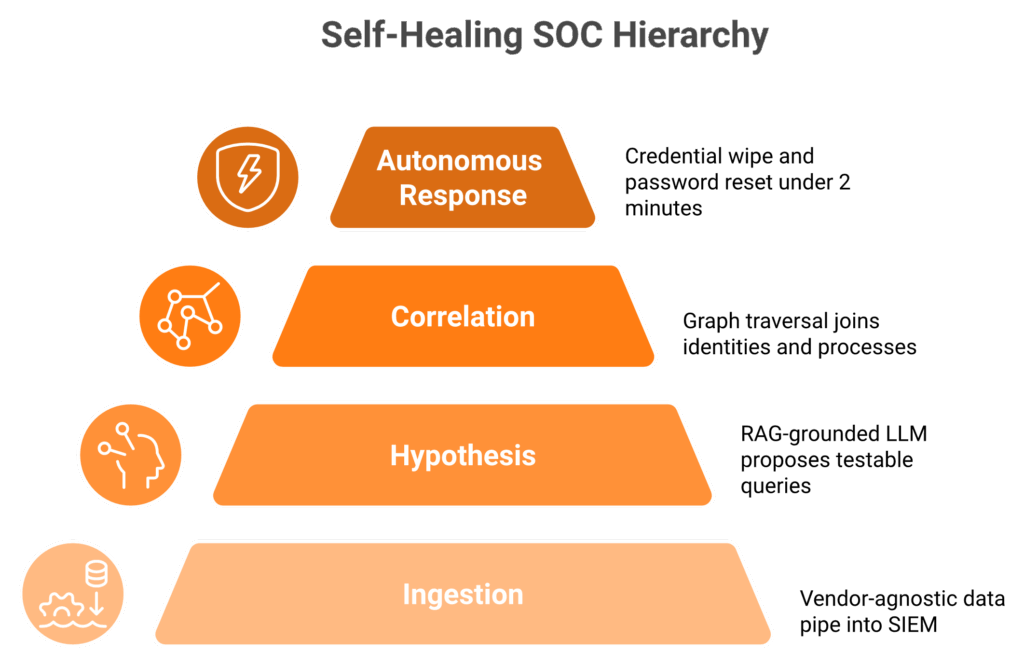 Four-layer self-healing SOC pyramid: ingestion, hypothesis, correlation, autonomous response.