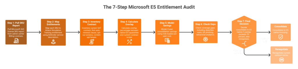 Seven-step horizontal flow showing the Microsoft 365 E5 Attack Simulation Training entitlement audit process.