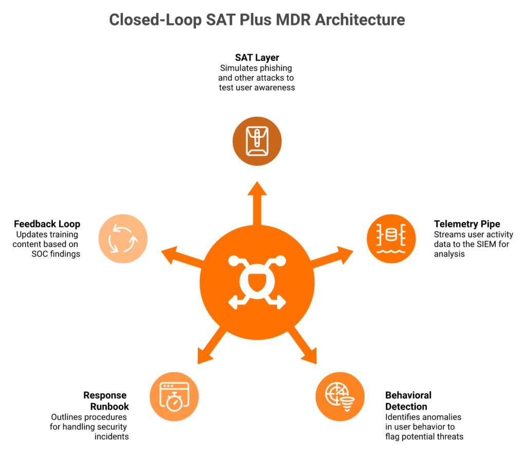 Radial diagram of closed-loop SAT plus MDR architecture with MAXI platform hub and five connected response layers.