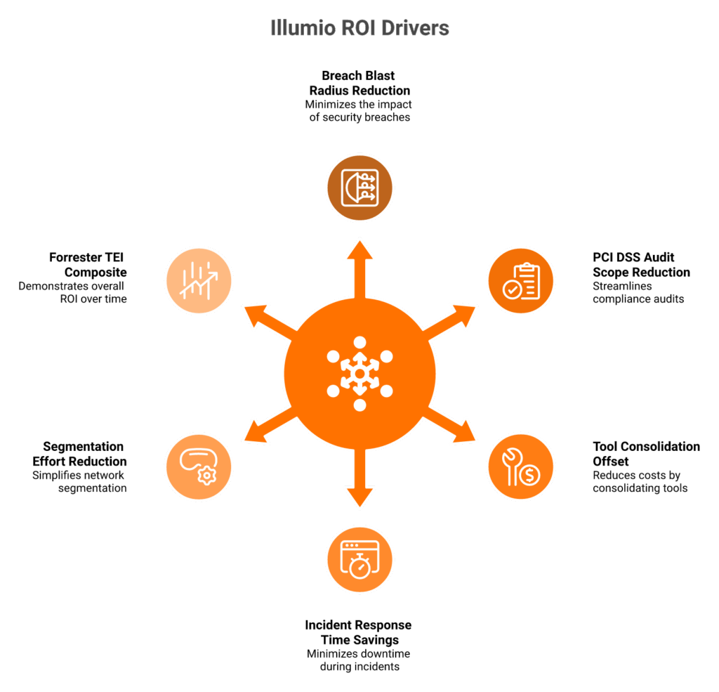 Radial diagram of six Illumio ROI levers including breach reduction and PCI scope offsets