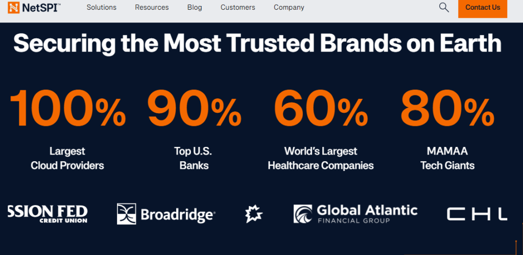 NetSPI client statistics showing coverage of top US banks, cloud providers, healthcare firms, and tech giants