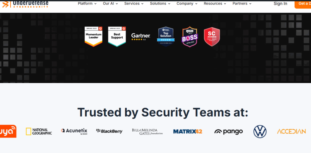 UnderDefense awards including G2 Momentum Leader, Best Support, and Gartner rating, with trusted enterprise client logos