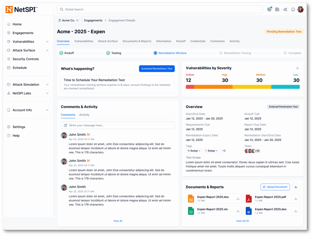 NetSPI engagement dashboard tracking penetration test stages, vulnerabilities by severity, and remediation testing window
