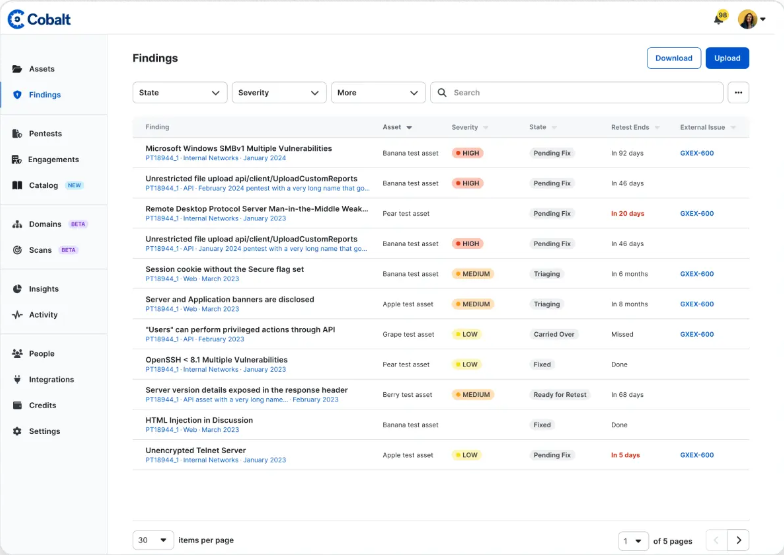 Cobalt PTaaS findings list showing severity, retest status and remediation state for active pentests