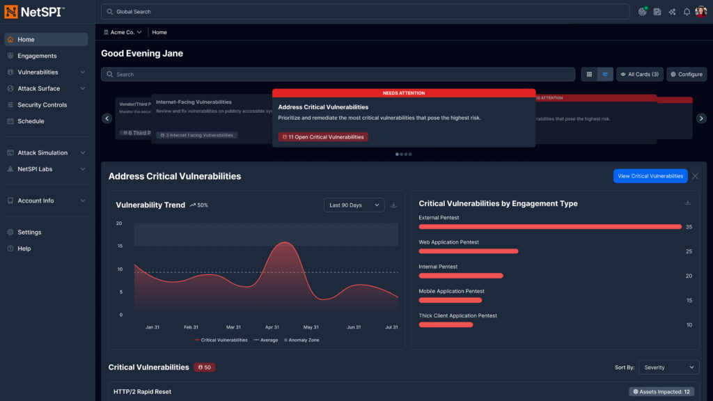 NetSPI Resolve dashboard highlighting critical vulnerabilities by engagement type and 90-day trend