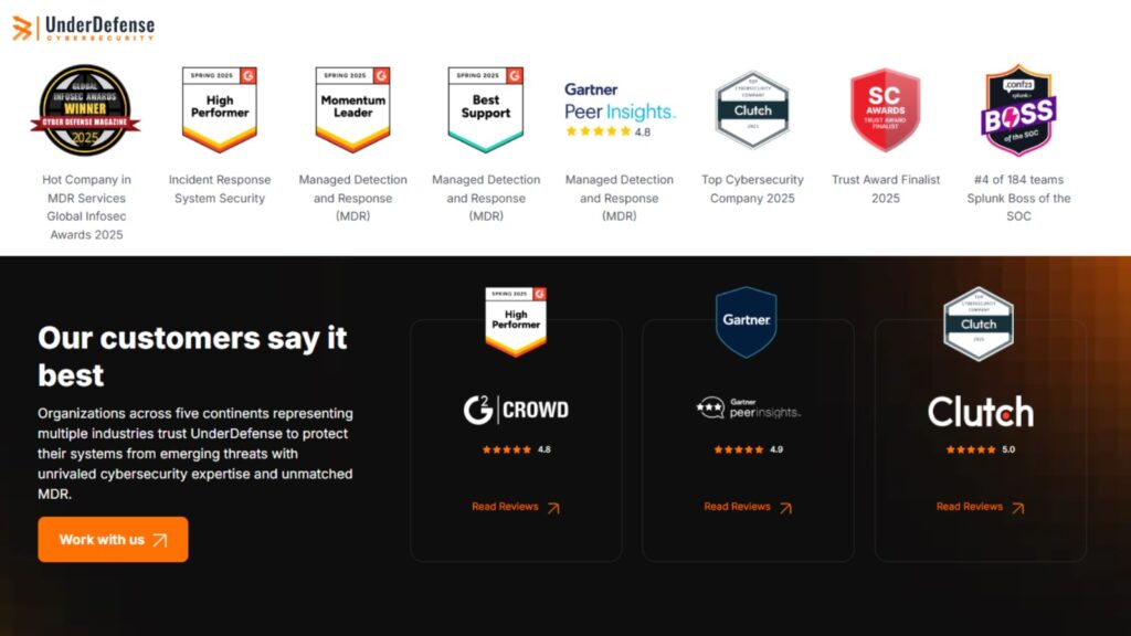 UnderDefense awards and ratings including G2, Gartner, and Clutch scores validating its standing among SECaaS providers
