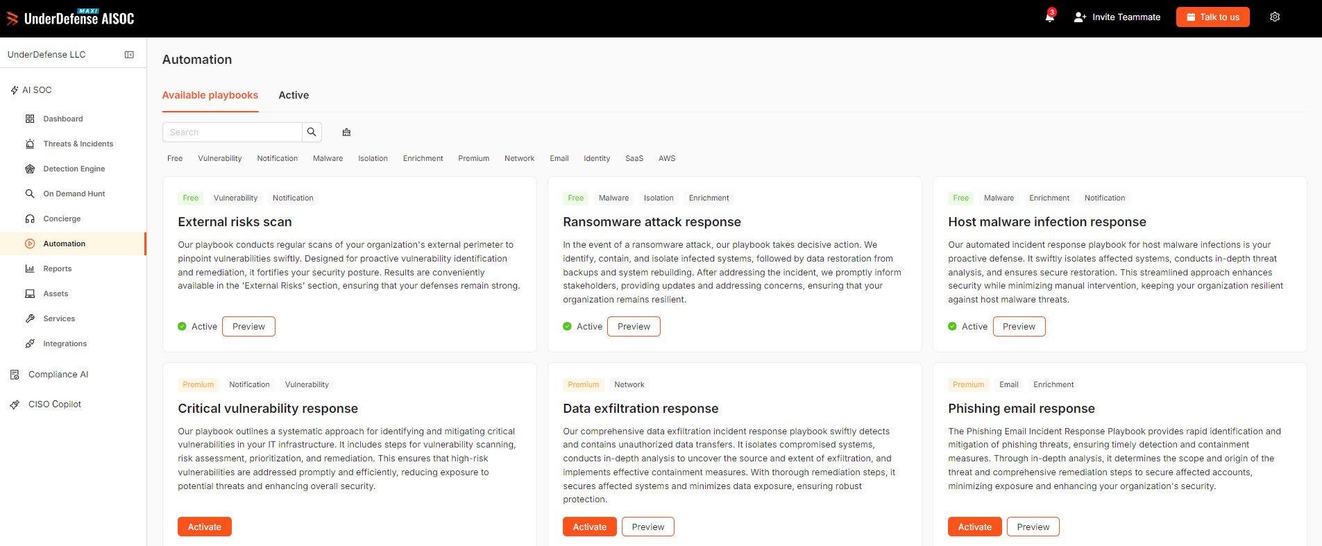 Services Marketplace catalog of security assessments and compliance offerings