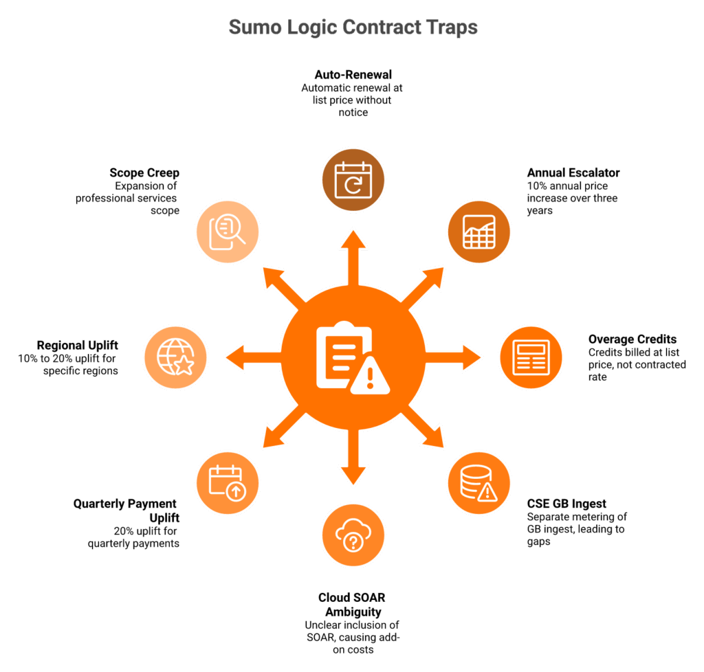 Radial diagram of eight Sumo Logic contract traps that inflate invoices, colour coded by financial severity