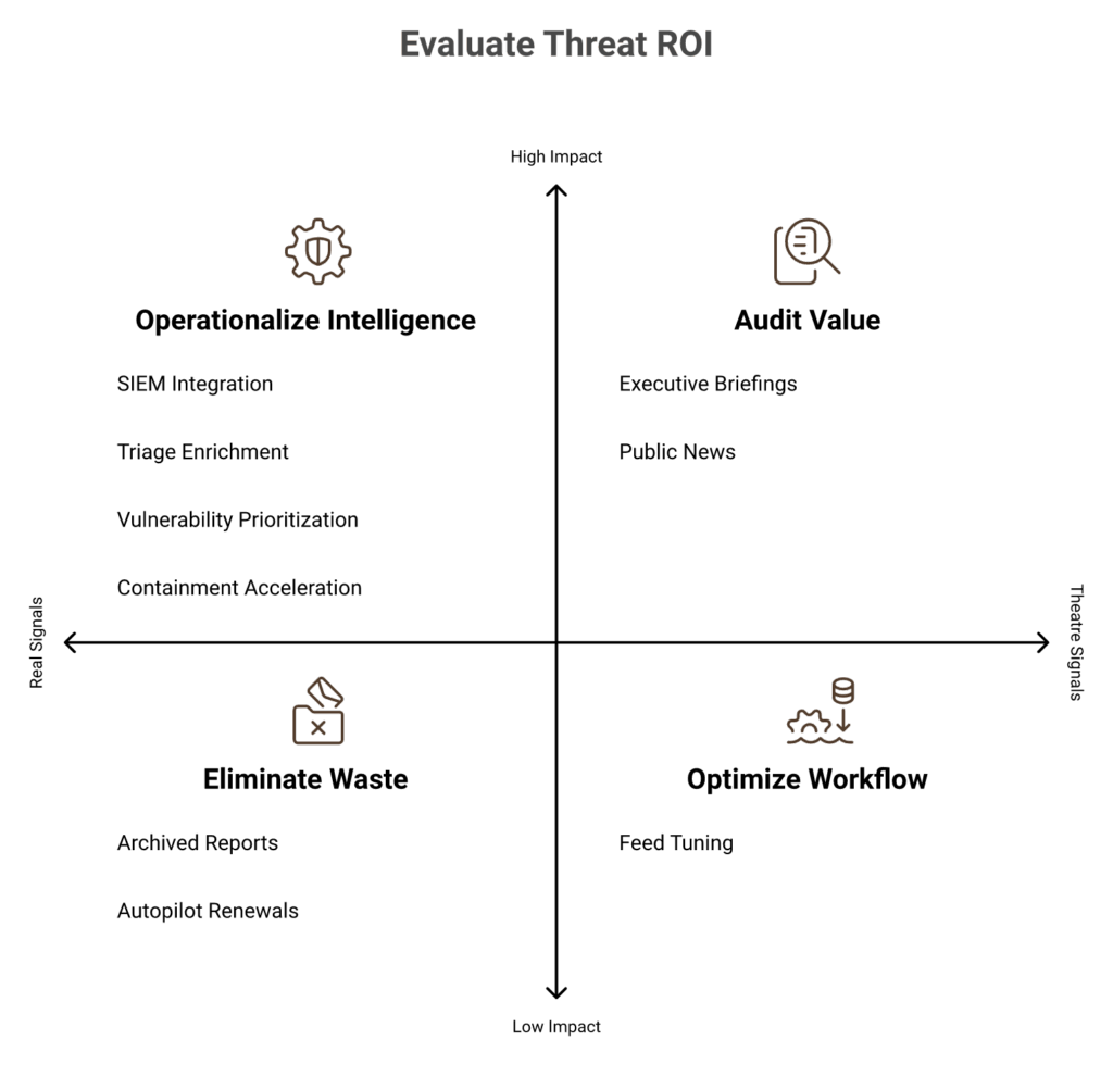 Threat intelligence ROI matrix comparing real signals versus theatre signals with three-detection rule