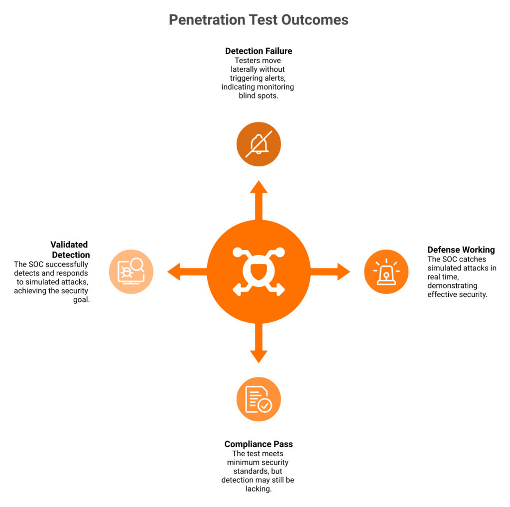 Diagram showing a network pentest as a scorecard where SOC silence signals detection failure