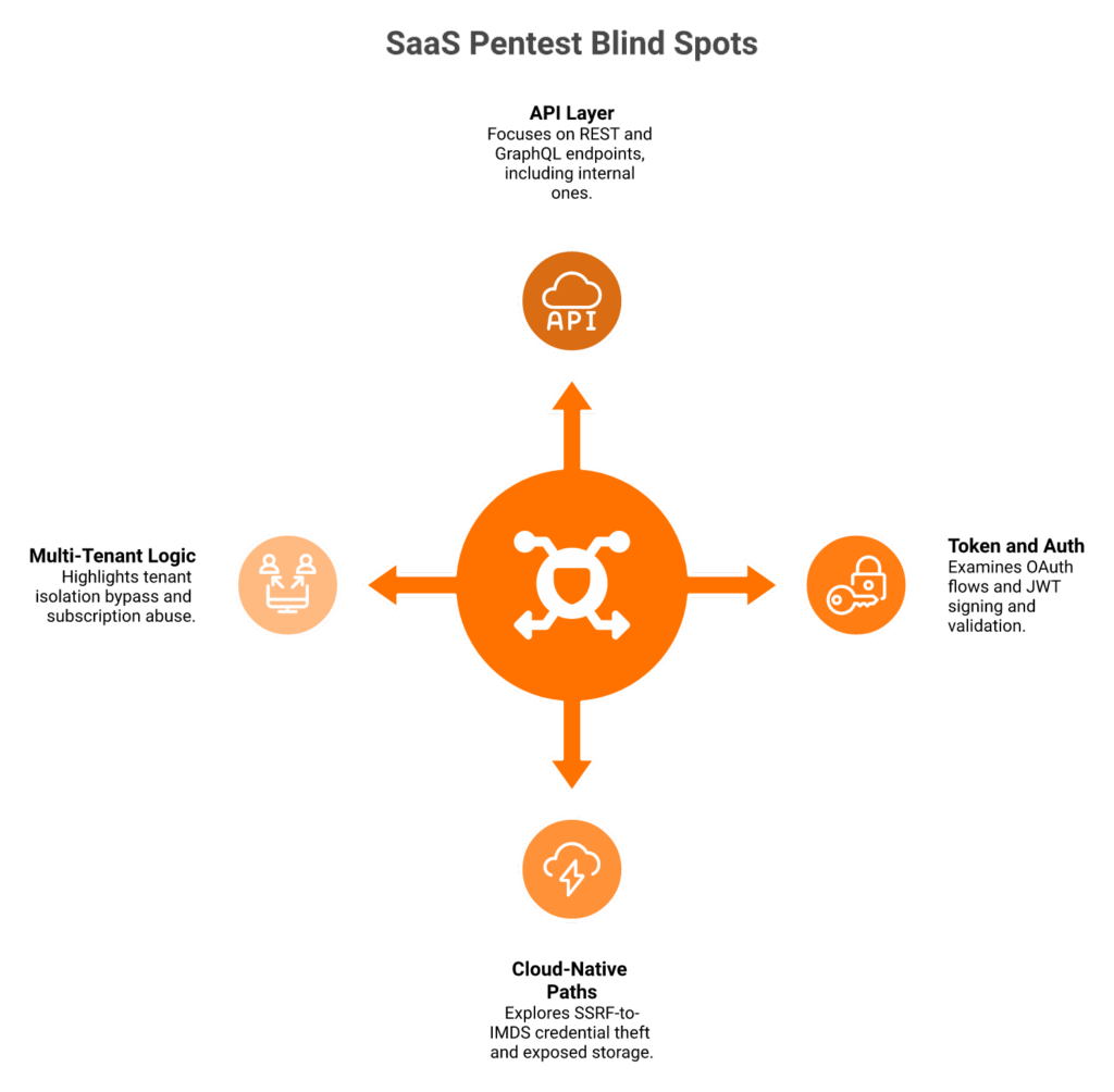 Four SaaS penetration testing scope areas: API, auth, cloud paths, and multi-tenant logic