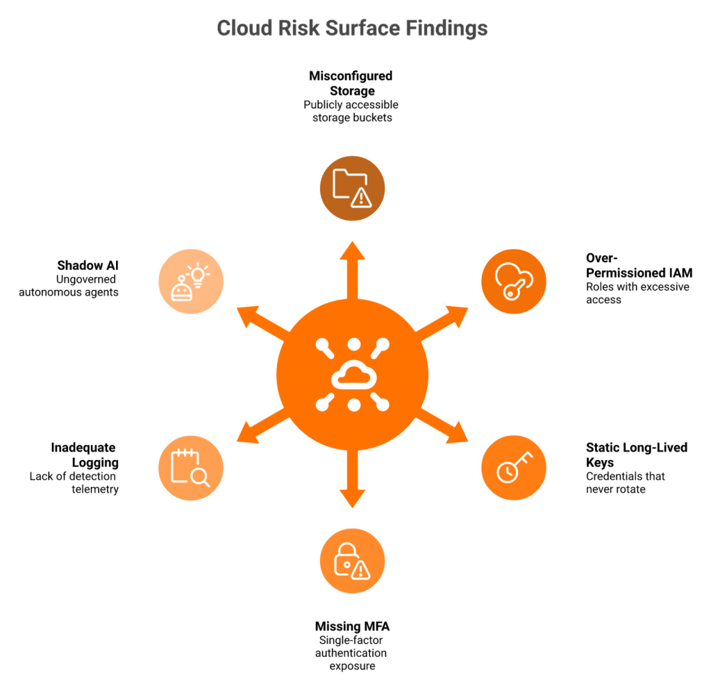 Radial diagram of six top cloud security risks including shadow AI an assessment uncovers