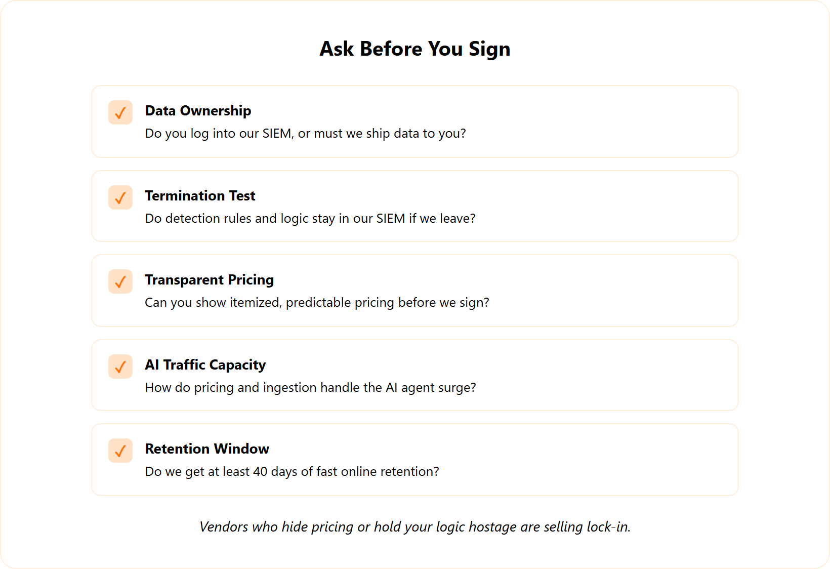 Checklist of five questions to ask any MDR or AI SOC vendor before signing in 2027.