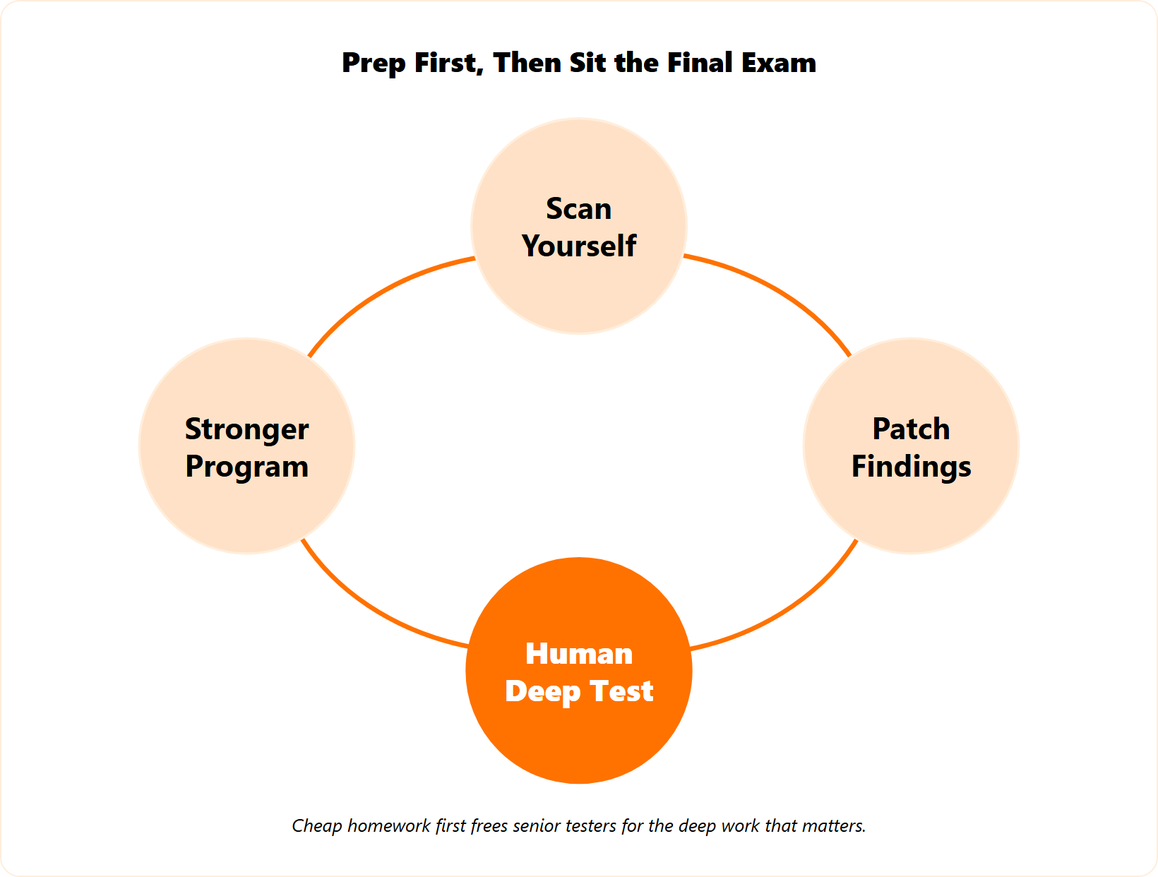 Cycle showing scan, patch, then deep human pentest feeding back into a stronger security program