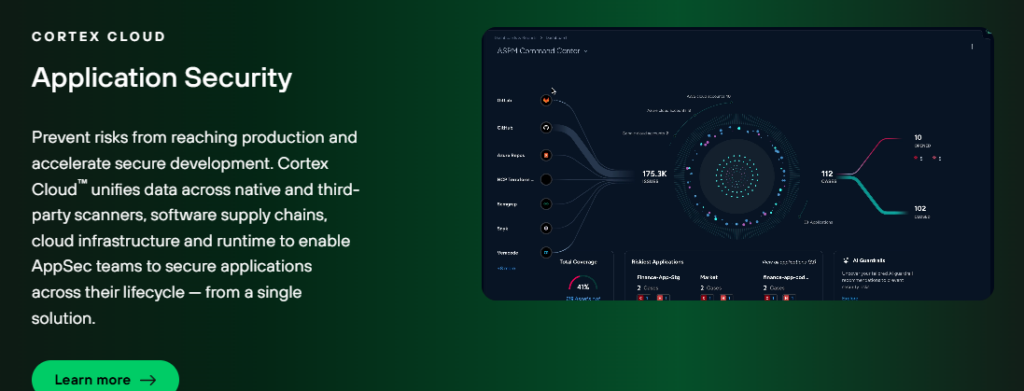 Palo Alto Cortex Cloud application security dashboard unifying scanners and cloud data for AI SOC investigation