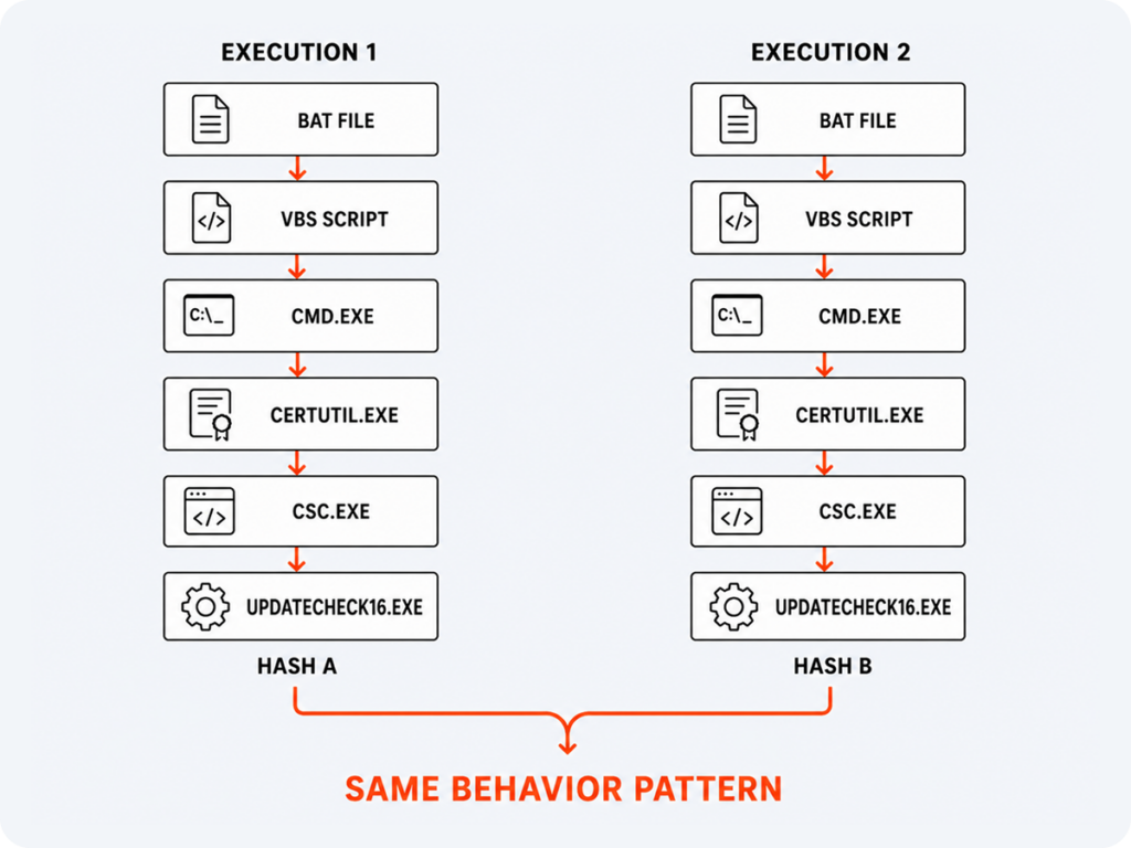 Side-by-side comparison of Execution 1 and Execution 2, each showing the same chain from BAT file to UpdateCheck16.exe but with a different final hash, labeled Hash A and Hash B, converging on the caption 'Same Behavior Pattern