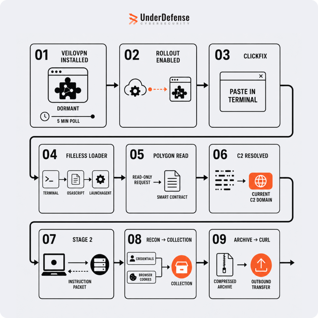 Attack chain from VeiloVPN extension and ClickFix to a fileless macOS loader, Polygon smart-contract C2, and data theft