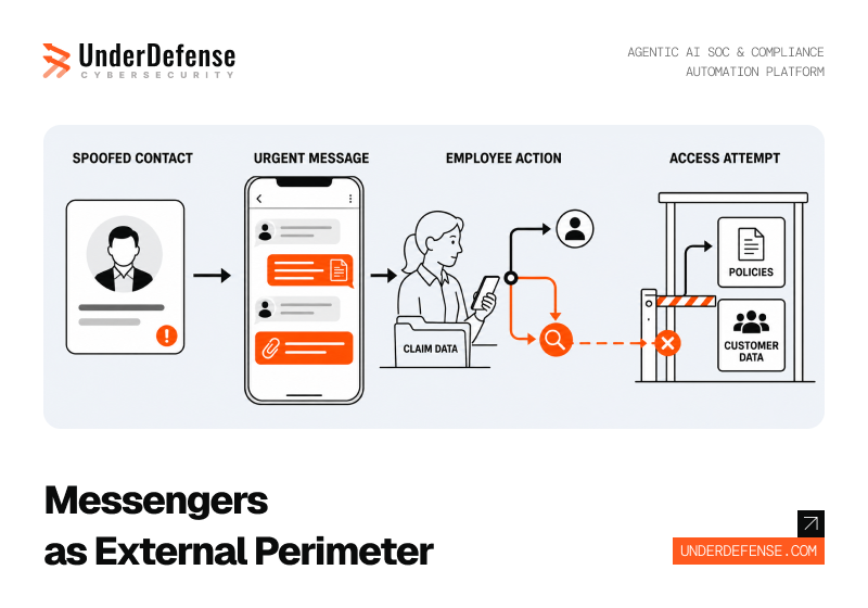 Security perimeter illustration split between a monitored computer channel and an unmonitored messaging app channel, representing a blind spot in corporate security coverage.