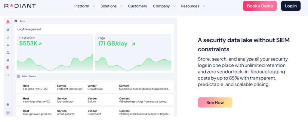 Radiant Security log management dashboard reducing logging cost with a security data lake and no SIEM constraints