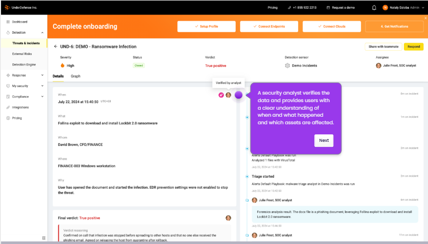 UnderDefense MAXI dashboard showing a ransomware incident with analyst-verified true positive verdict and reasoning