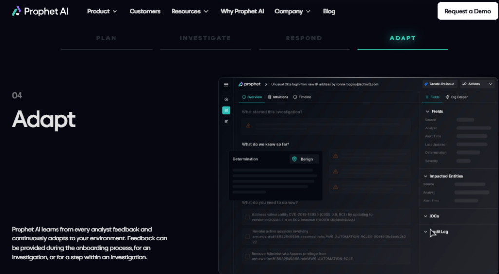 Prophet AI investigation screen showing an Okta login determination, audit log, and adaptive analyst feedback fields