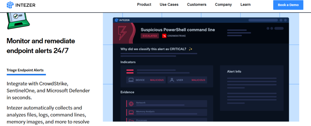 Intezer autonomous SOC screen classifying a suspicious PowerShell command line as critical with forensic evidence