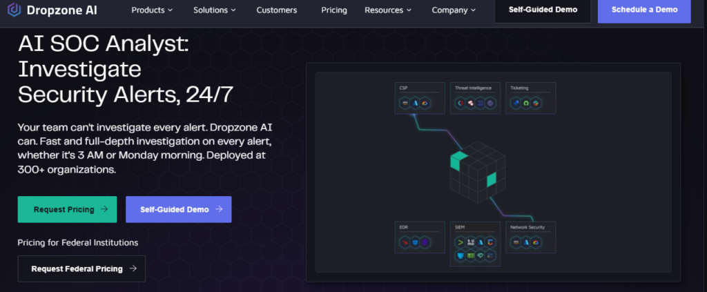 Dropzone AI SOC analyst diagram connecting CSP, threat intelligence, ticketing, EDR, SIEM, and network security sources