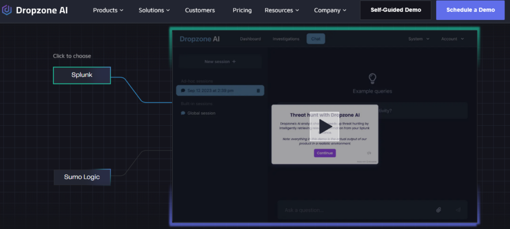 Dropzone AI autonomous SOC analyst interface connecting Splunk and Sumo Logic sources for evidence-backed alert investigation.