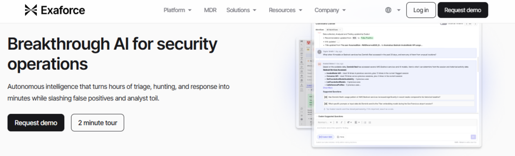 Exaforce AI SOC homepage promoting autonomous triage, hunting, and response that slashes false positives and analyst toil.