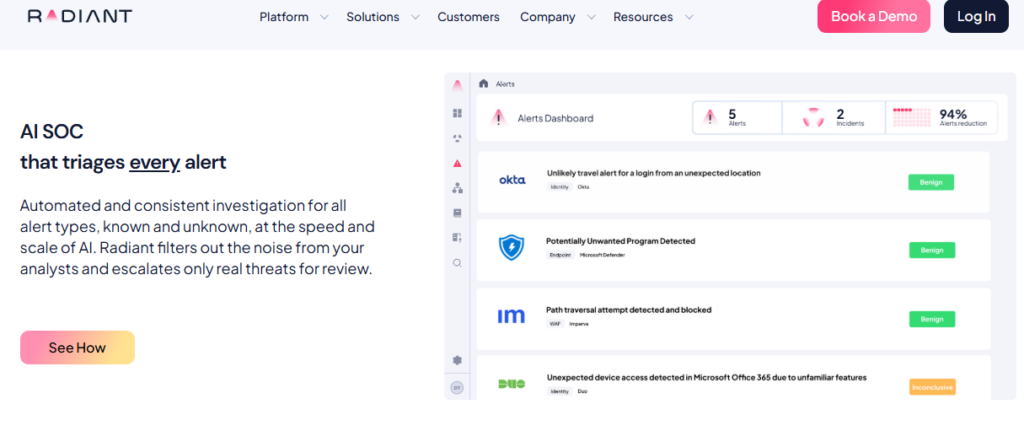 Radiant Security AI SOC alerts dashboard triaging Okta, Defender, and Microsoft 365 alerts with benign and escalation verdicts.