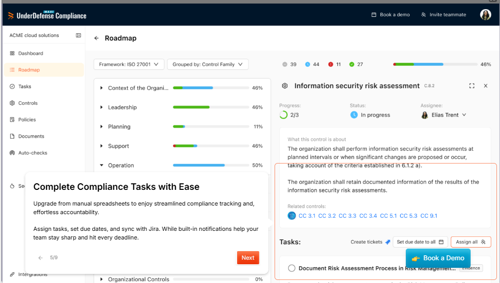 UnderDefense compliance roadmap dashboard tracking ISO 27001 controls, a full-stack SOC alternative to Red Canary