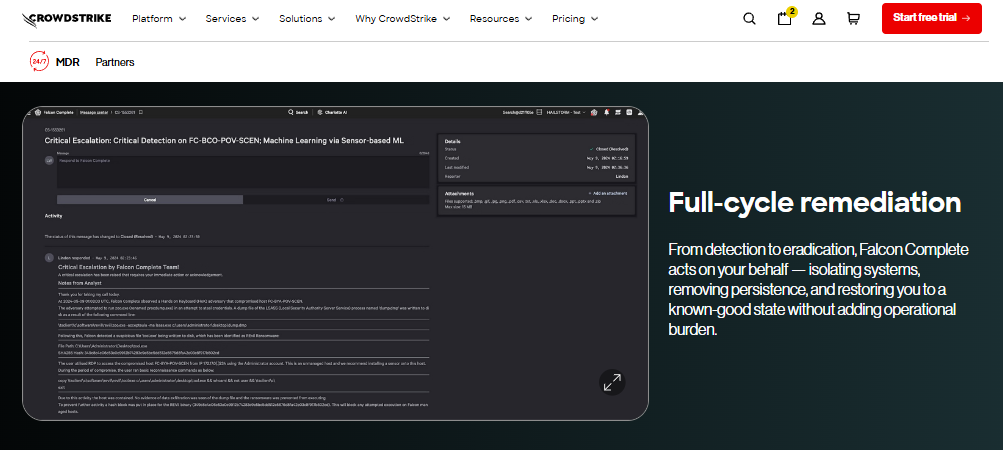 CrowdStrike Falcon Complete full-cycle remediation console, an endpoint-first ReliaQuest MDR alternative