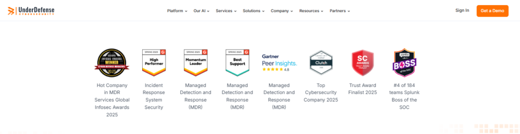 UnderDefense MDR and AI SOC industry awards including Gartner Peer Insights 4.8 and G2 recognitions