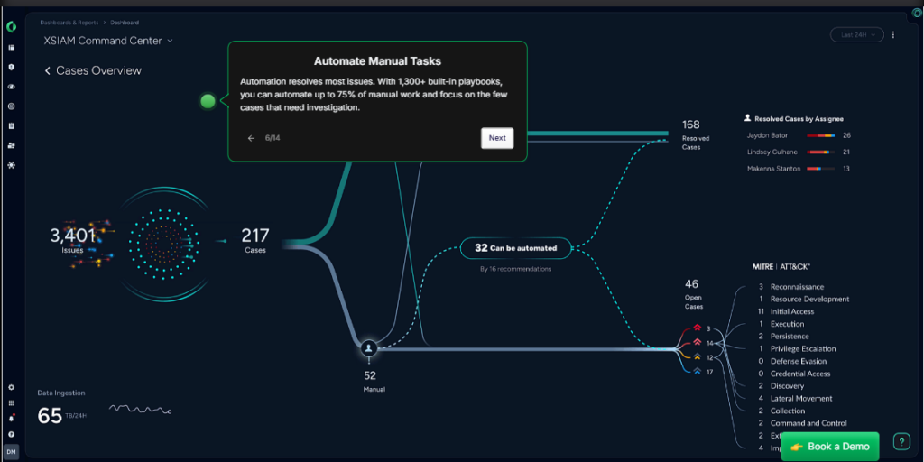 Palo Alto Cortex XSIAM command center automating cloud-native SOC cases mapped to MITRE ATT&CK