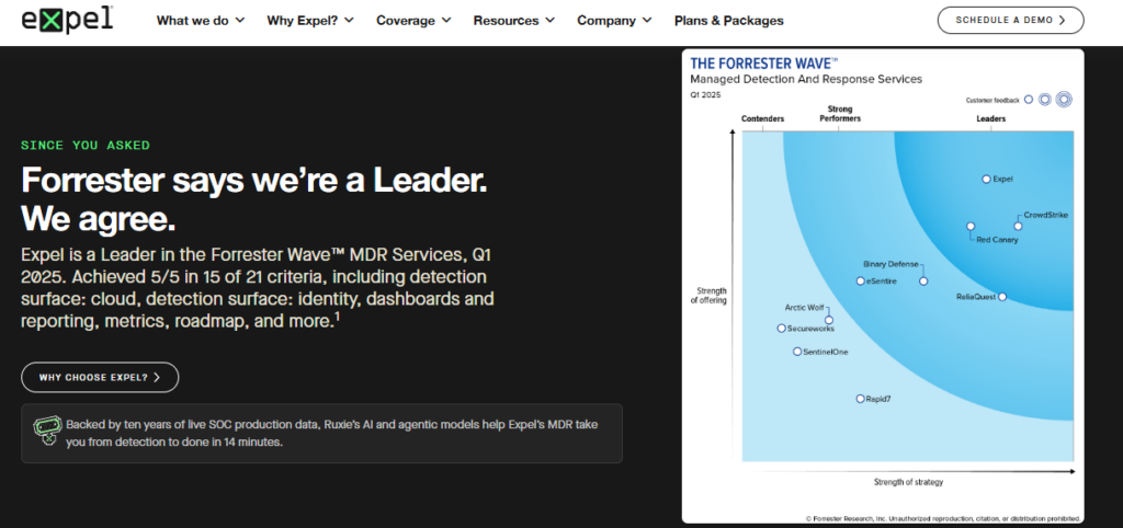 Expel Forrester Wave MDR Services leader positioning chart alongside its detection-to-done in 14 minutes claim
