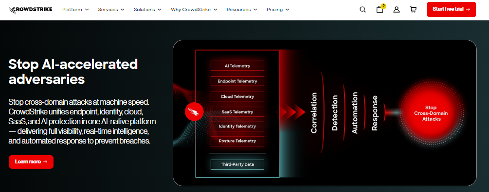 CrowdStrike Falcon platform unifying endpoint, cloud, identity, and AI telemetry to stop AI-accelerated cross-domain attacks.