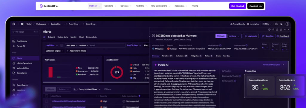 SentinelOne Purple AI alert investigating ransomware, showing executed workflows and automated agentic AI SOC response actions.