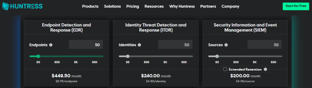 Huntress per-endpoint pricing showing EDR, ITDR, and SIEM costs for SMBs choosing affordable AI SOC coverage