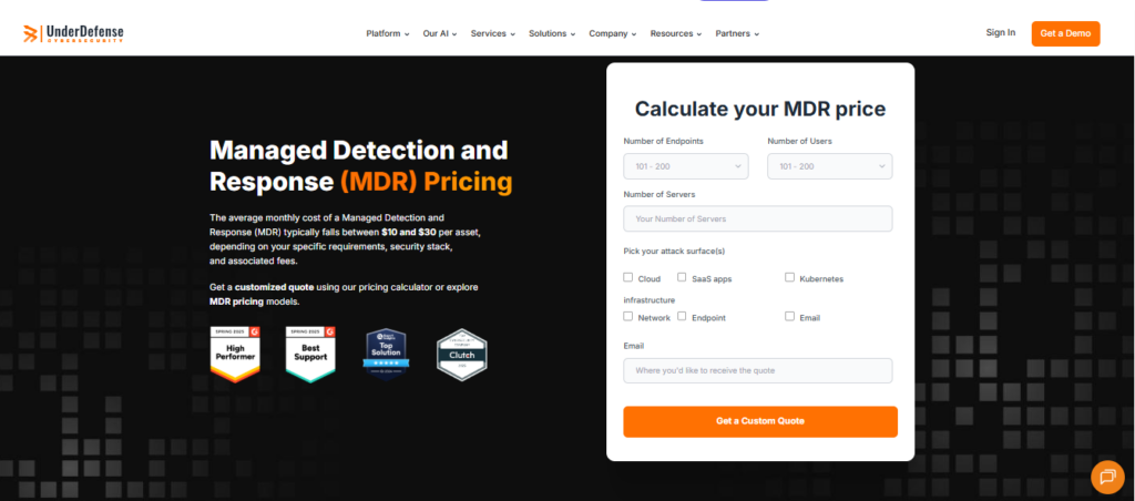 UnderDefense MDR pricing calculator estimating cost per asset for transparent, affordable AI SOC coverage
