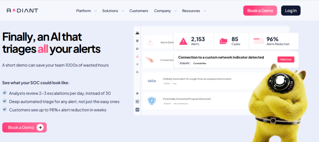 Radiant Security AI SOC platform triaging 2,153 alerts with 96% alert reduction for mid-market teams
