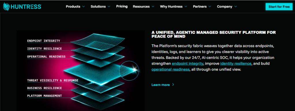 Huntress agentic managed security platform homepage showing unified SOC layers for endpoint and identity protection