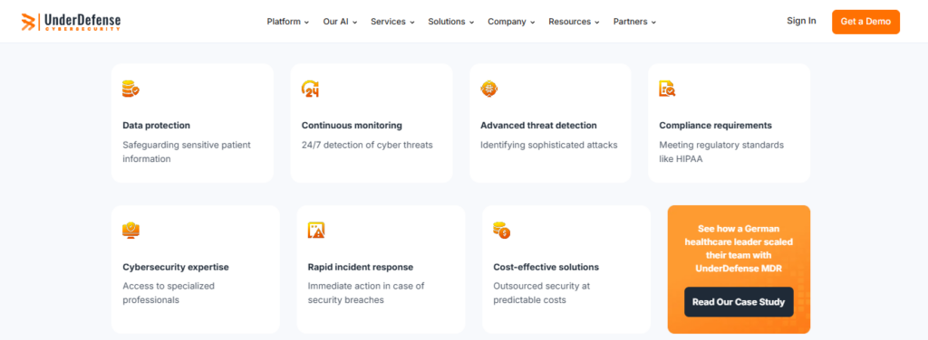 UnderDefense healthcare security features including HIPAA compliance, 24/7 monitoring, and rapid incident response