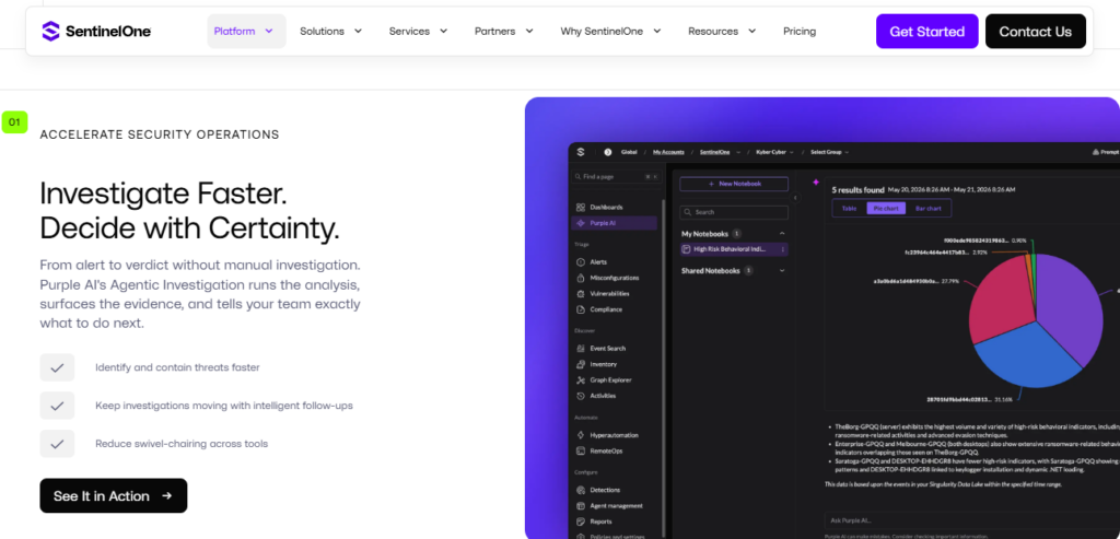 SentinelOne Purple AI agentic investigation dashboard showing behavioral indicators from alert to verdict on Singularity data lake