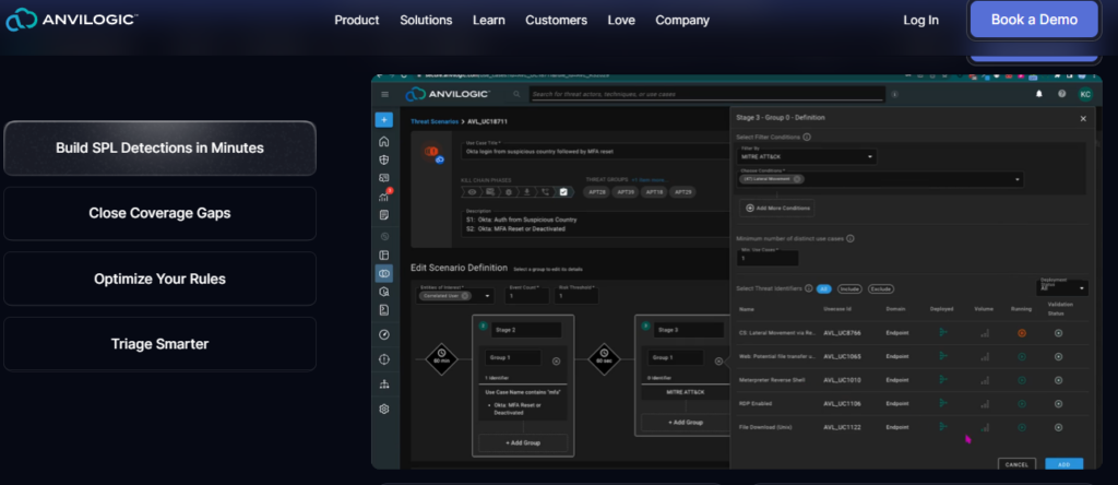 Anvilogic threat scenario builder creating SPL detections across SIEMs with MITRE ATT&CK lateral movement use cases