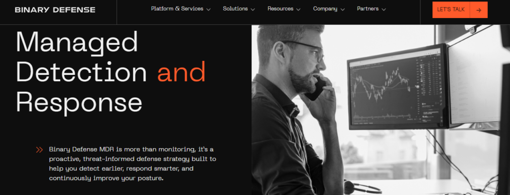 Binary Defense Managed Detection and Response page framing proactive, threat-informed defense strategy