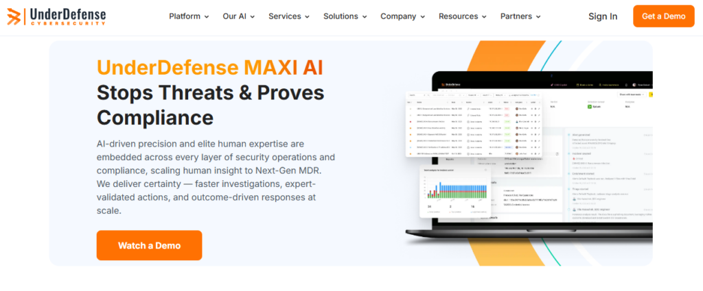 UnderDefense MAXI AI platform dashboard for managed SIEM co-management, threat response, and compliance