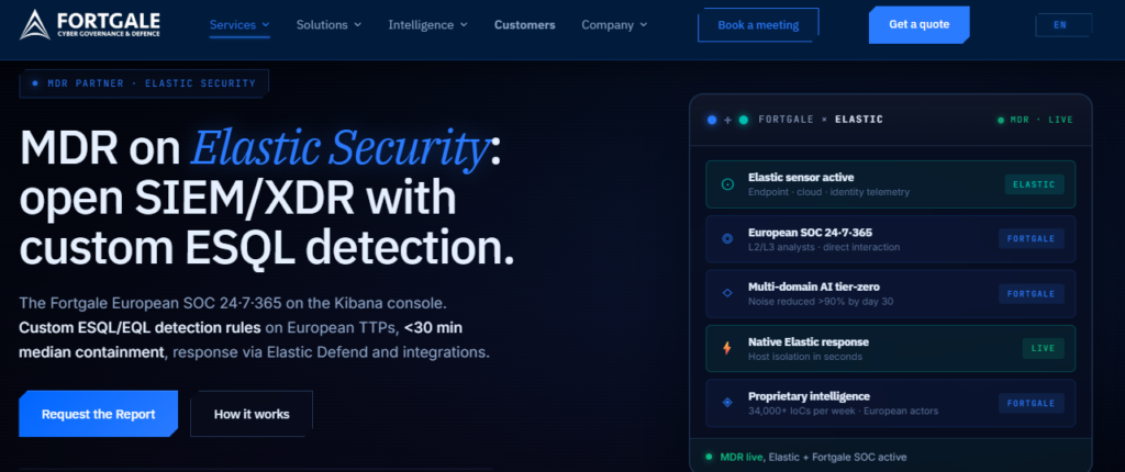 Fortgale MDR on Elastic Security page showing European SOC with custom ES|QL detection and fast containment