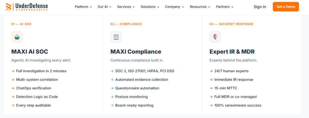 UnderDefense MAXI AI SOC, Compliance, and MDR overview with Detection Logic as Code and 2-minute triage