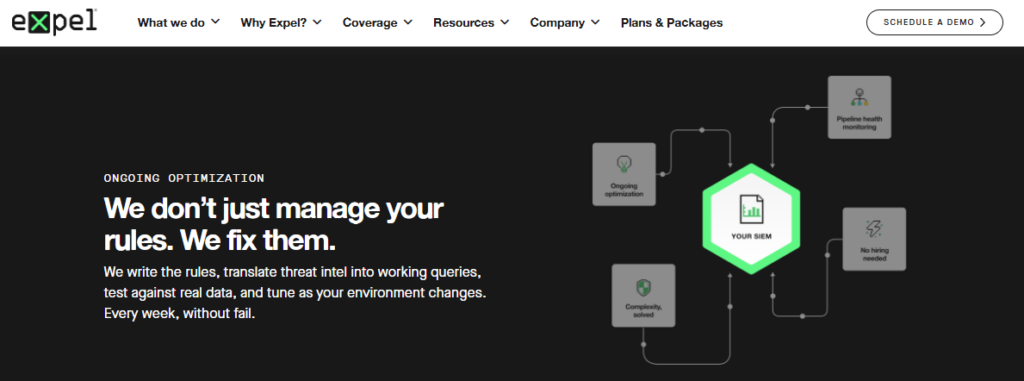 Expel page stating they write, test, and tune SIEM detection rules continuously