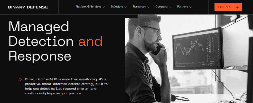 Binary Defense managed detection and response page highlighting analyst-led threat-informed monitoring